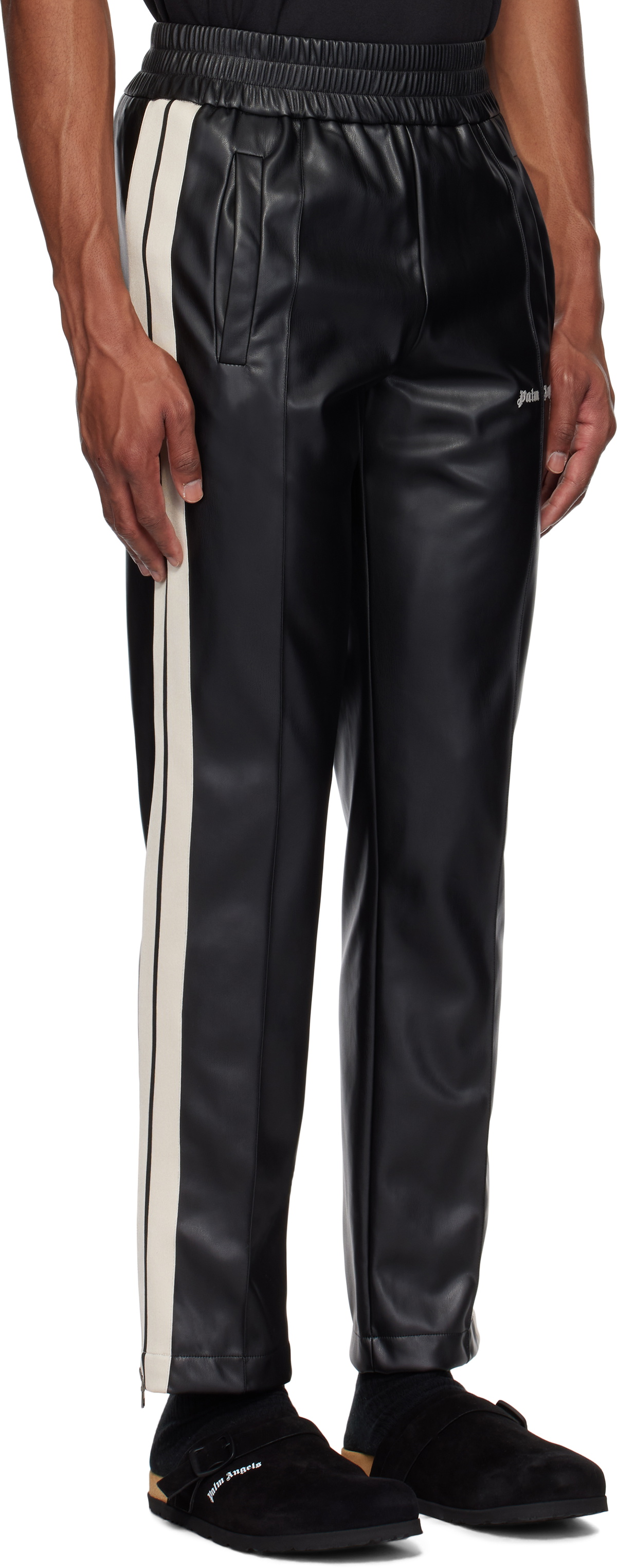 PALM ANGELS レサ トラック フレサ PWJA011F22LEA001 1010 Palm Angels Black Leather Effect Faux-Leather Track Pants