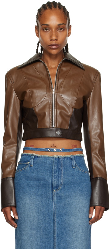 Photo: JUNEYEN Brown Paneled Faux-Leather Bomber Jacket