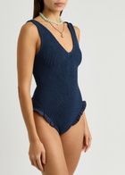 Hunza G Lisa Ruffled Seersucker Swimsuit - Navy - One Size