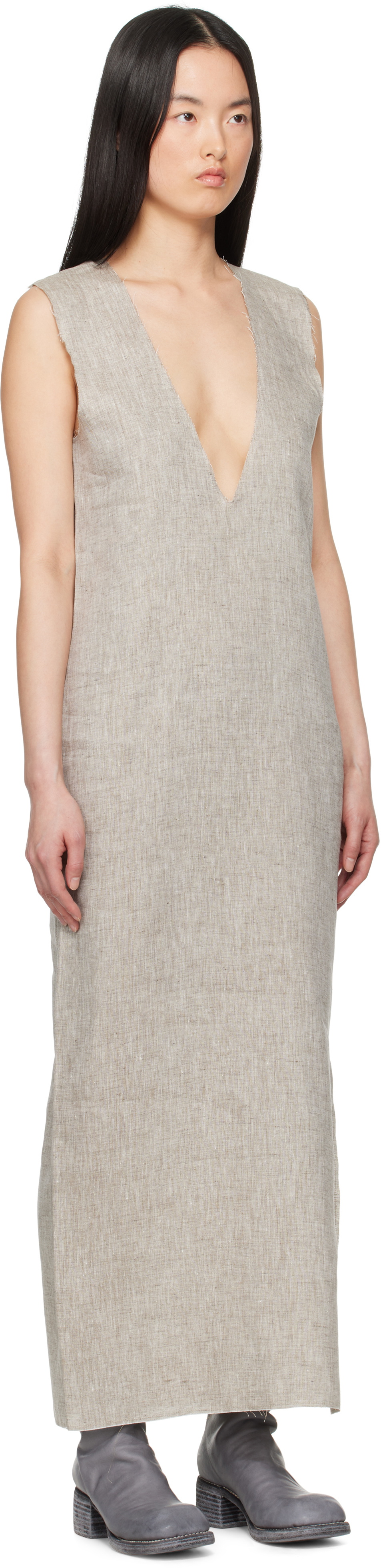 Gabriela Coll Garments Gray No.61 Linen V-Neck Midi thatDress