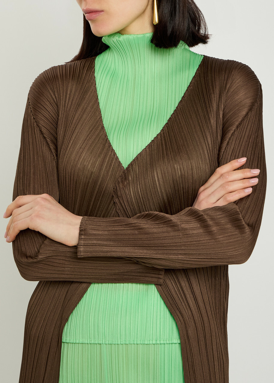 Pleats Please Issey Miyake Pleated Woven Coat Brown