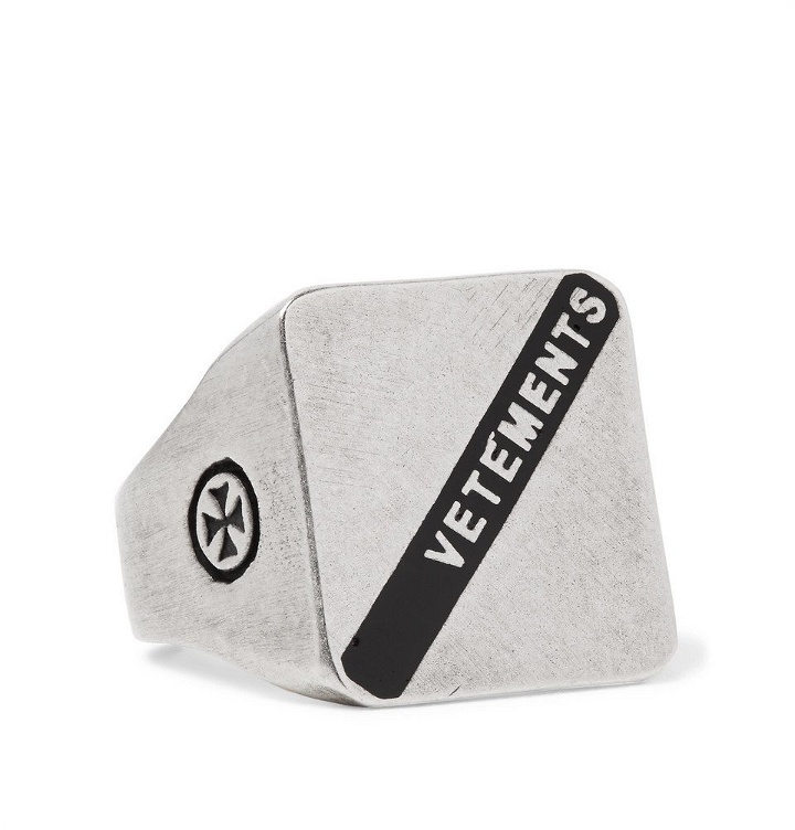 Photo: Vetements - Logo-Embossed Burnished Silver-Tone Ring - Men - Silver