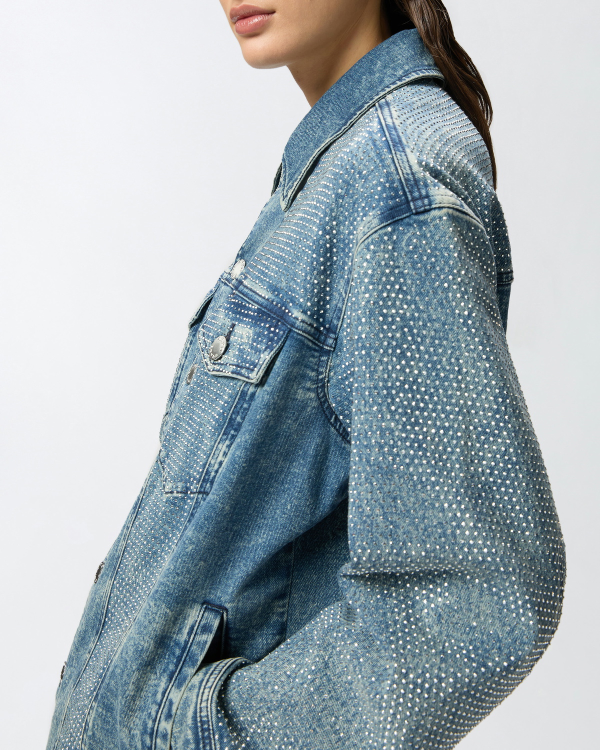 Pinko Denim Jacket With Rhinestones And Studs Dark Mid Wash