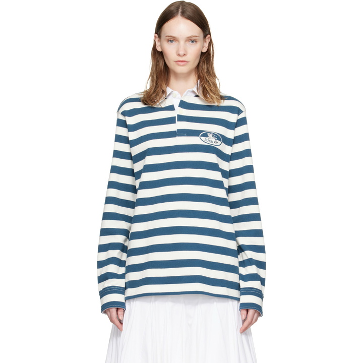 Photo: Burberry White & Blue Knight Stamp Cotton Rugby Polo