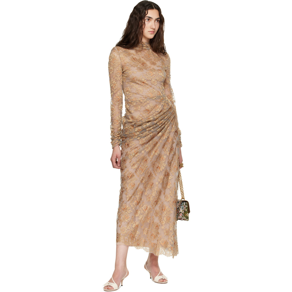 Valentino Beige Feather Lace Maxi Dress