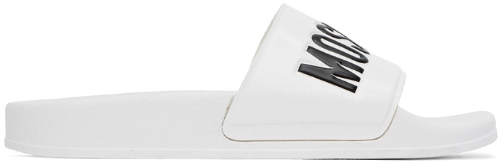 Photo: Moschino White Logo Pool Slides