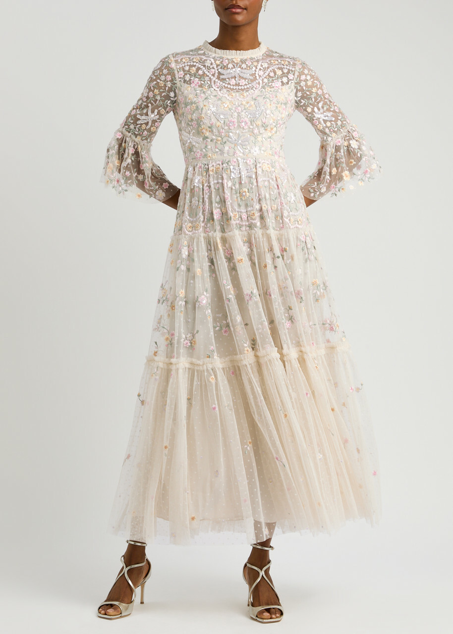 Needle & Thread Dragonfly Garden Embroidered Tulle Gown Cream
