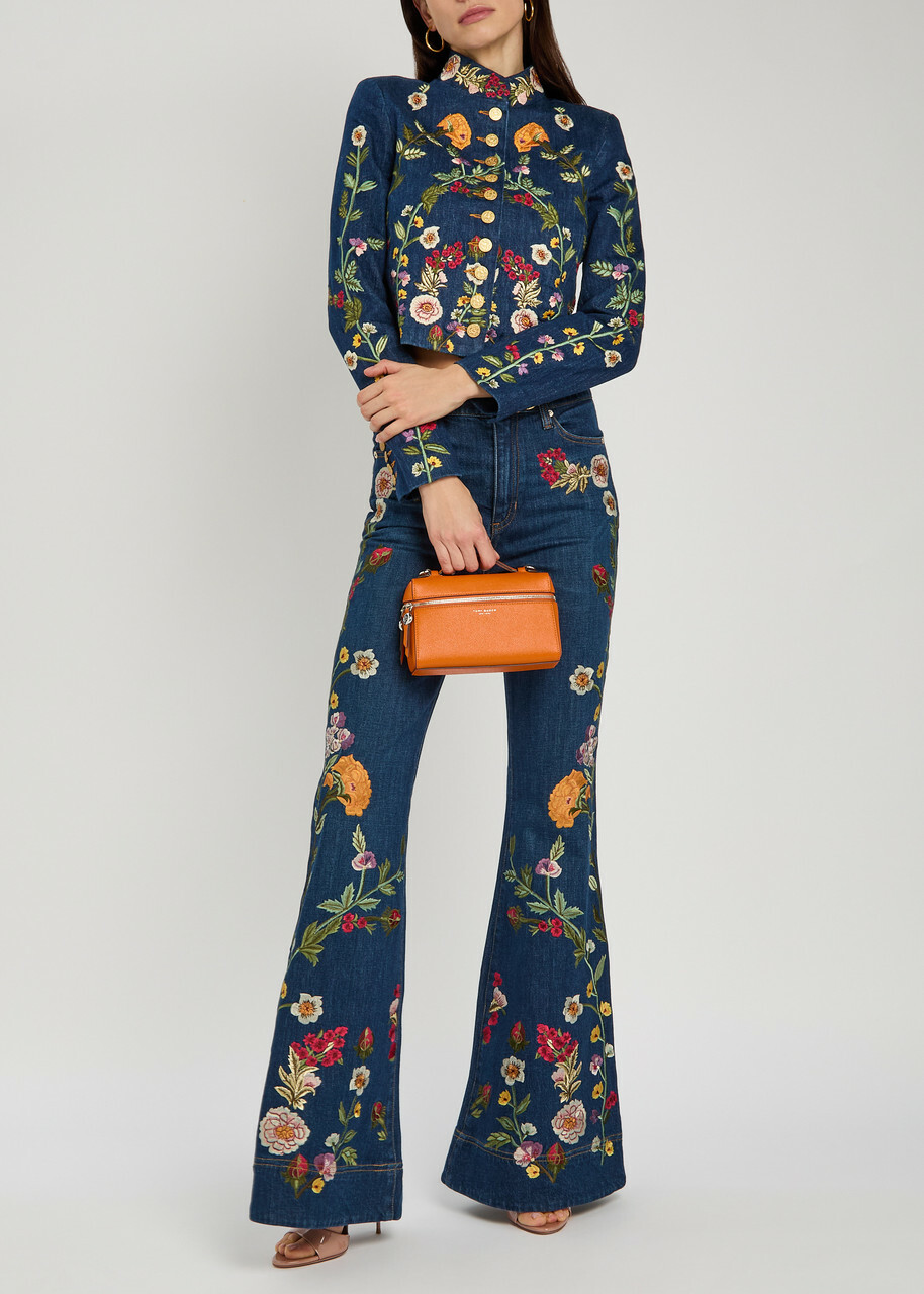 Alice + Olivia Emerson Floral-embroidered Stretch-denim Jacket Blue