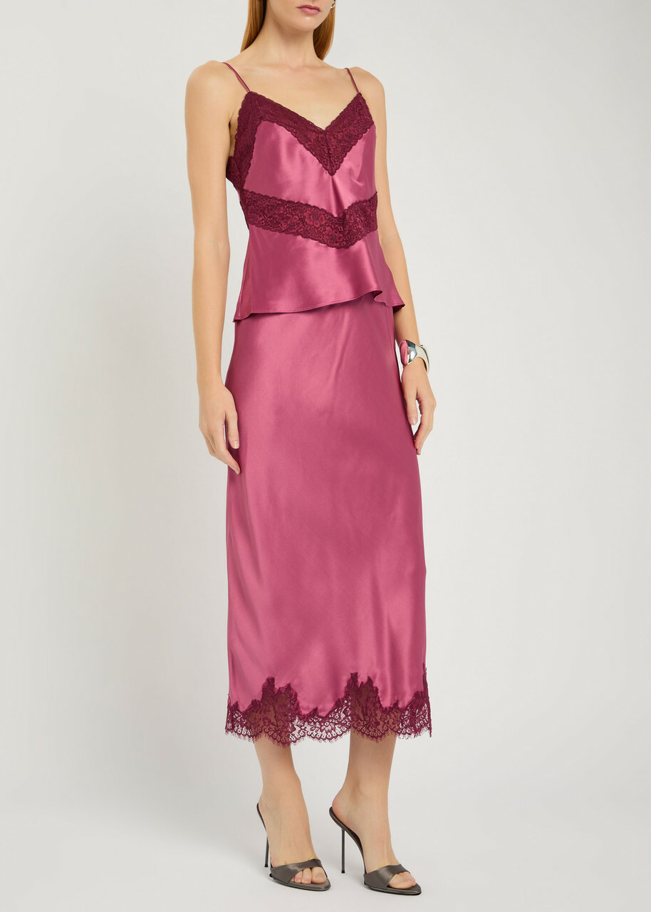 Loveshackfancy Brimsley Lace-trim Silk Camisole top Dark Pink
