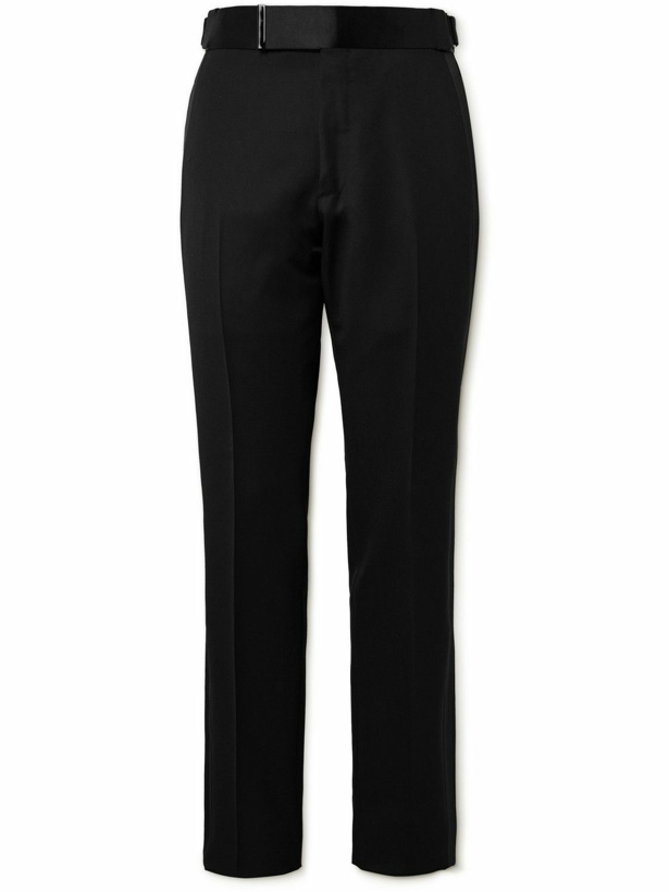 Photo: TOM FORD - Straight-Leg Belted Satin-Trimmed Wool and Mohair-Blend Tuxedo Trousers - Black