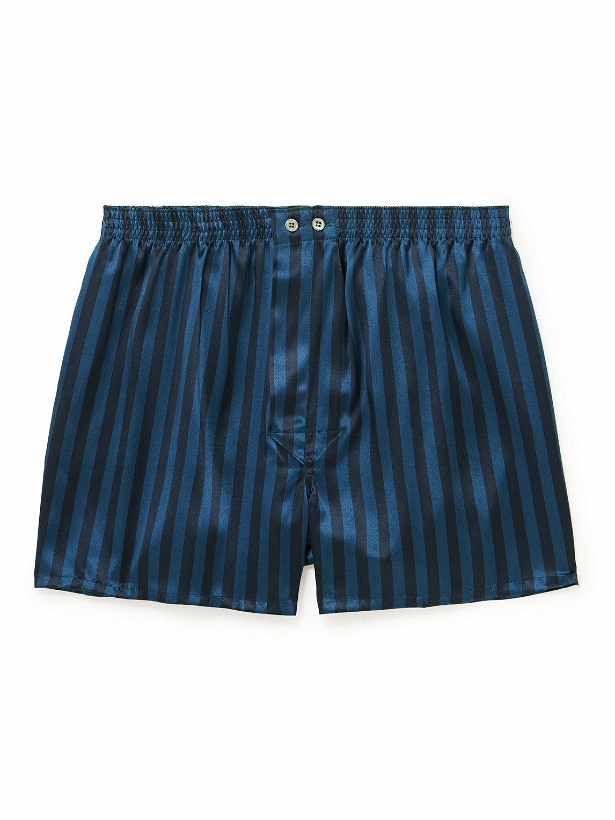 Photo: Derek Rose - Brindisi Striped Silk-Satin Boxer Shorts - Blue