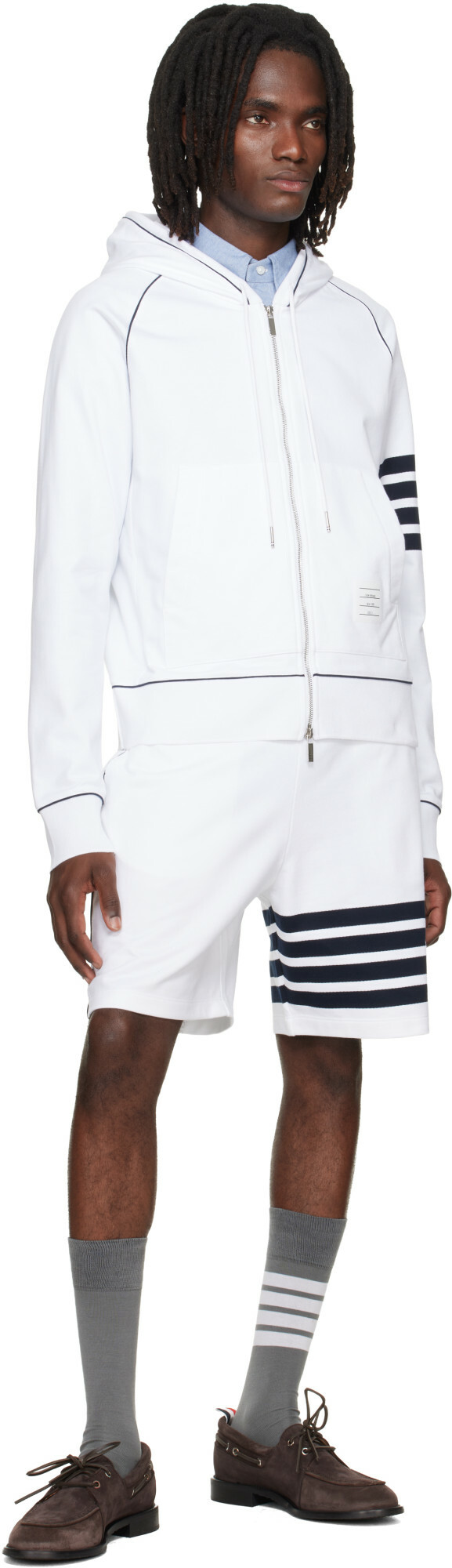 Thom Browne White Loopback 4-Bar Zip Up Hoodie