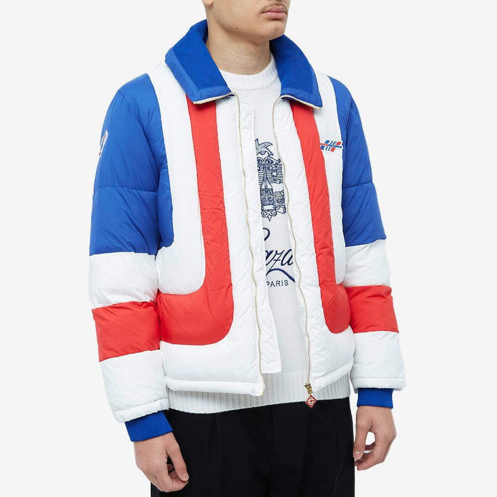 Red white and blue puffer hot sale jacket mens