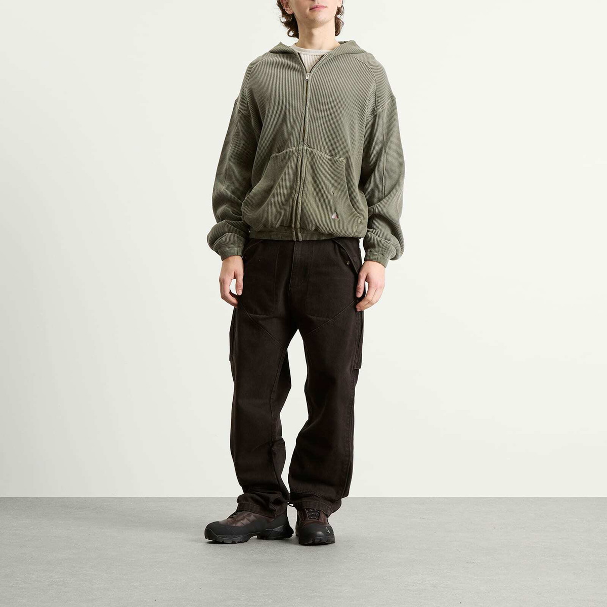 ROA Men's Bee Sun Faded Waffle Zip Up Hoodie in Olive