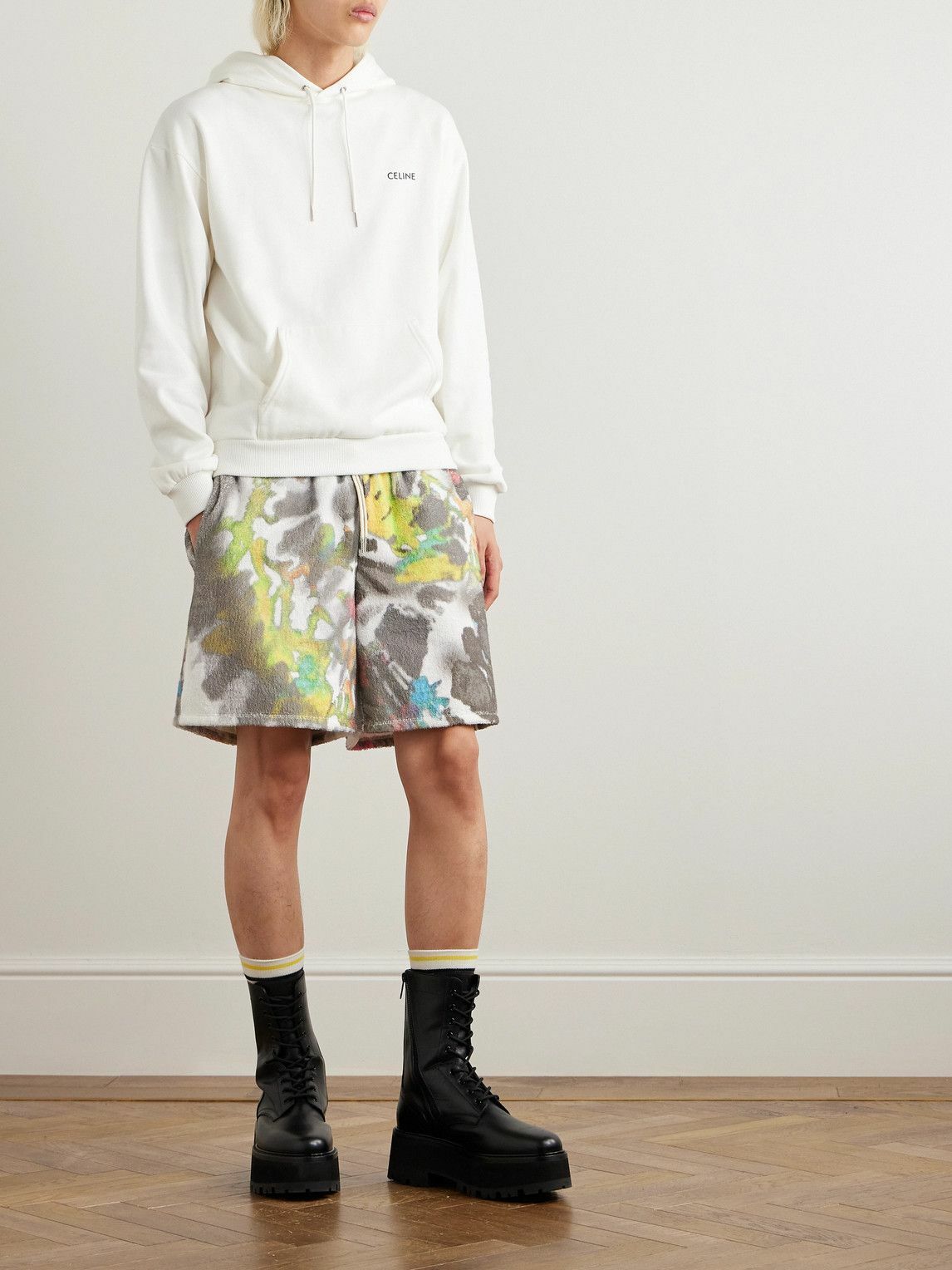 CELINE - Straight-Leg Tie-Dyed Cotton-Terry Drawstring Shorts - Gray