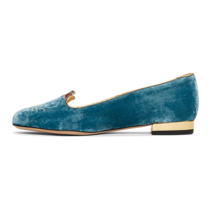 Charlotte Olympia Blue Velvet Peaceful Kitty Loafers
