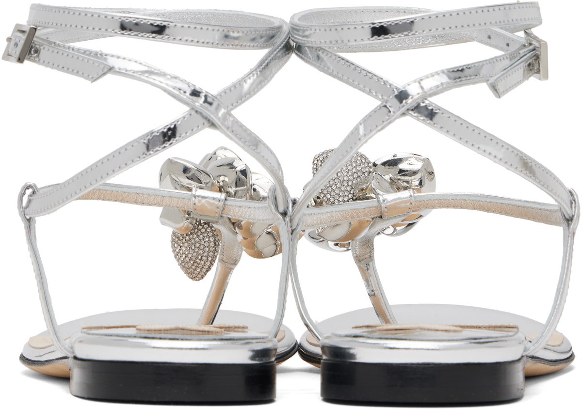 MACH & MACH Silver Puffy Heart Mirror Leather Thong Sandals