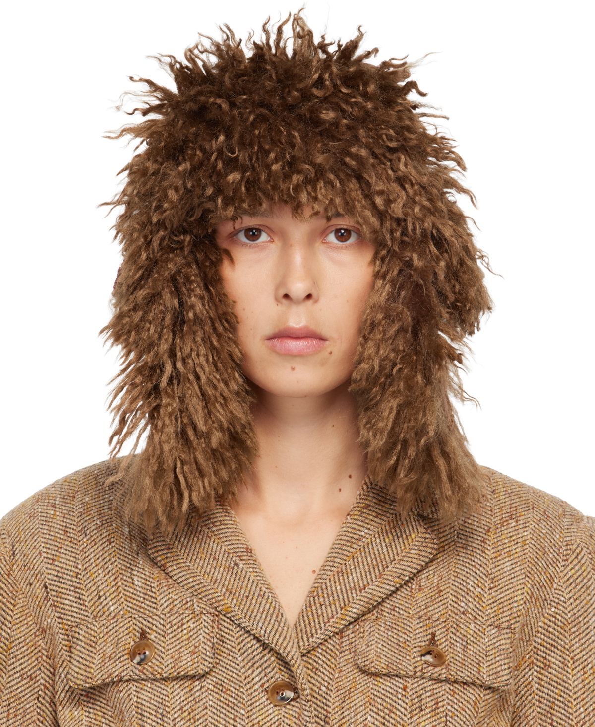 Anna Sui Tan Faux Fur Trim Aviator Hat