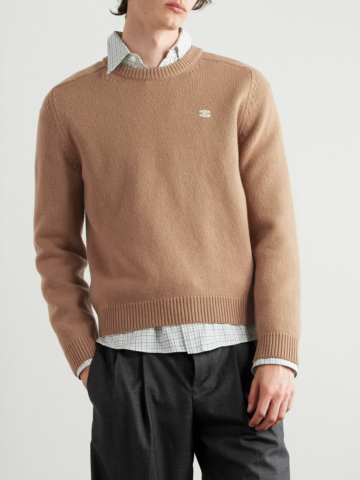 CELINE - Logo-Embroidered Wool and Cashmere-Blend Sweater - Brown