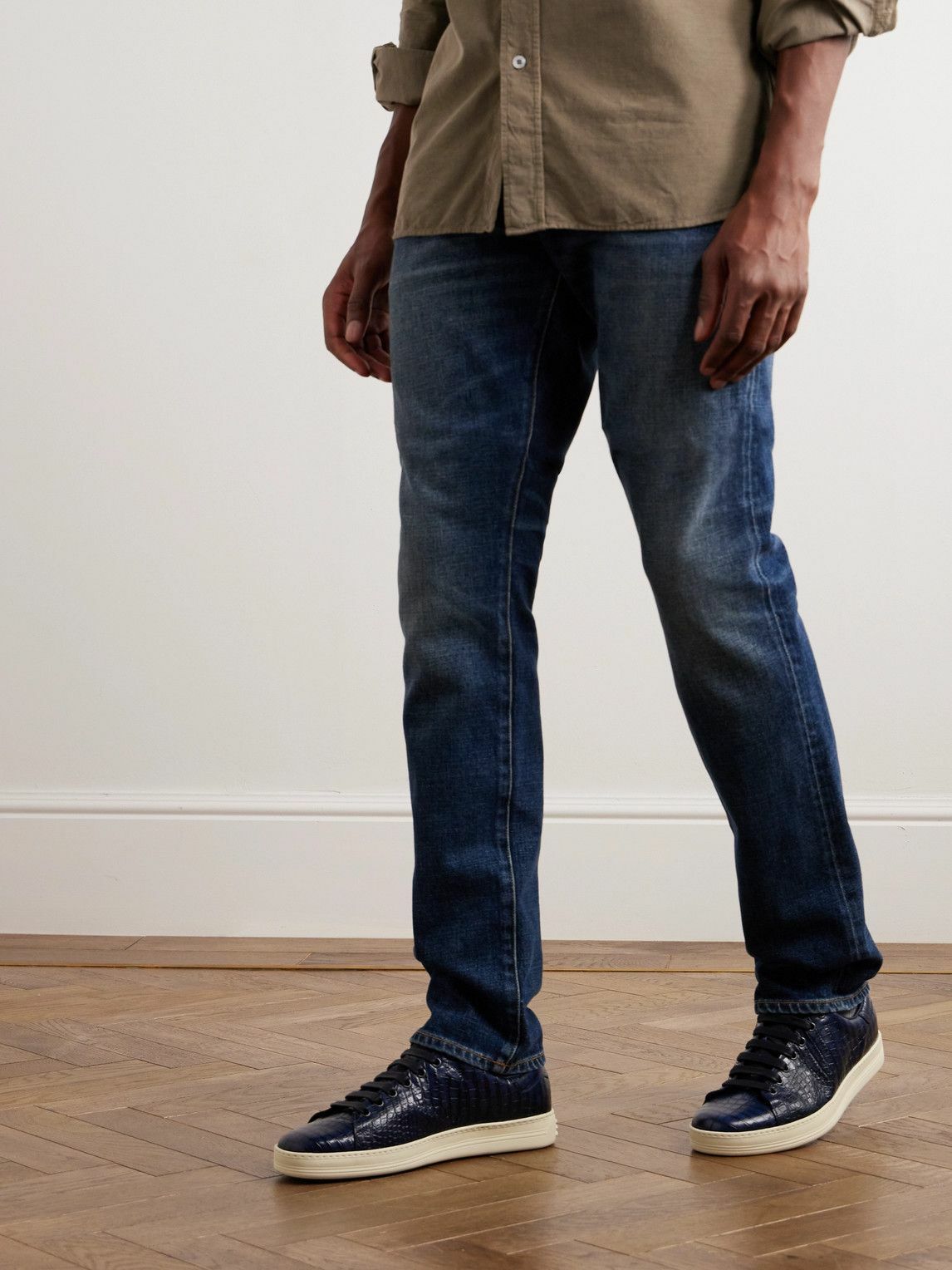 【23AW NEW】TOM FORD_man/ WARWICK スニーカー / Dark Blue TOM FORD - Warwick Croc-Effect Leather Sneakers - Blue TOM FORD