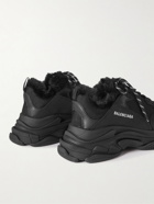 Balenciaga - Triple S Faux Fur-Trimmed Mesh and Faux Leather Sneakers - Black