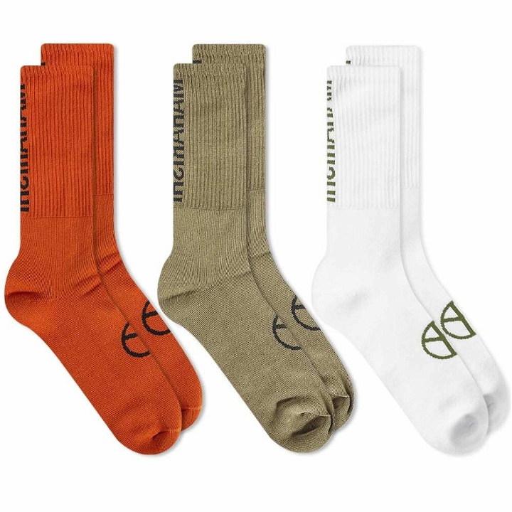 Photo: Maharishi Men's MILTYPE Peace Sports Socks - 3 Pack in Rust/Mushroom/White