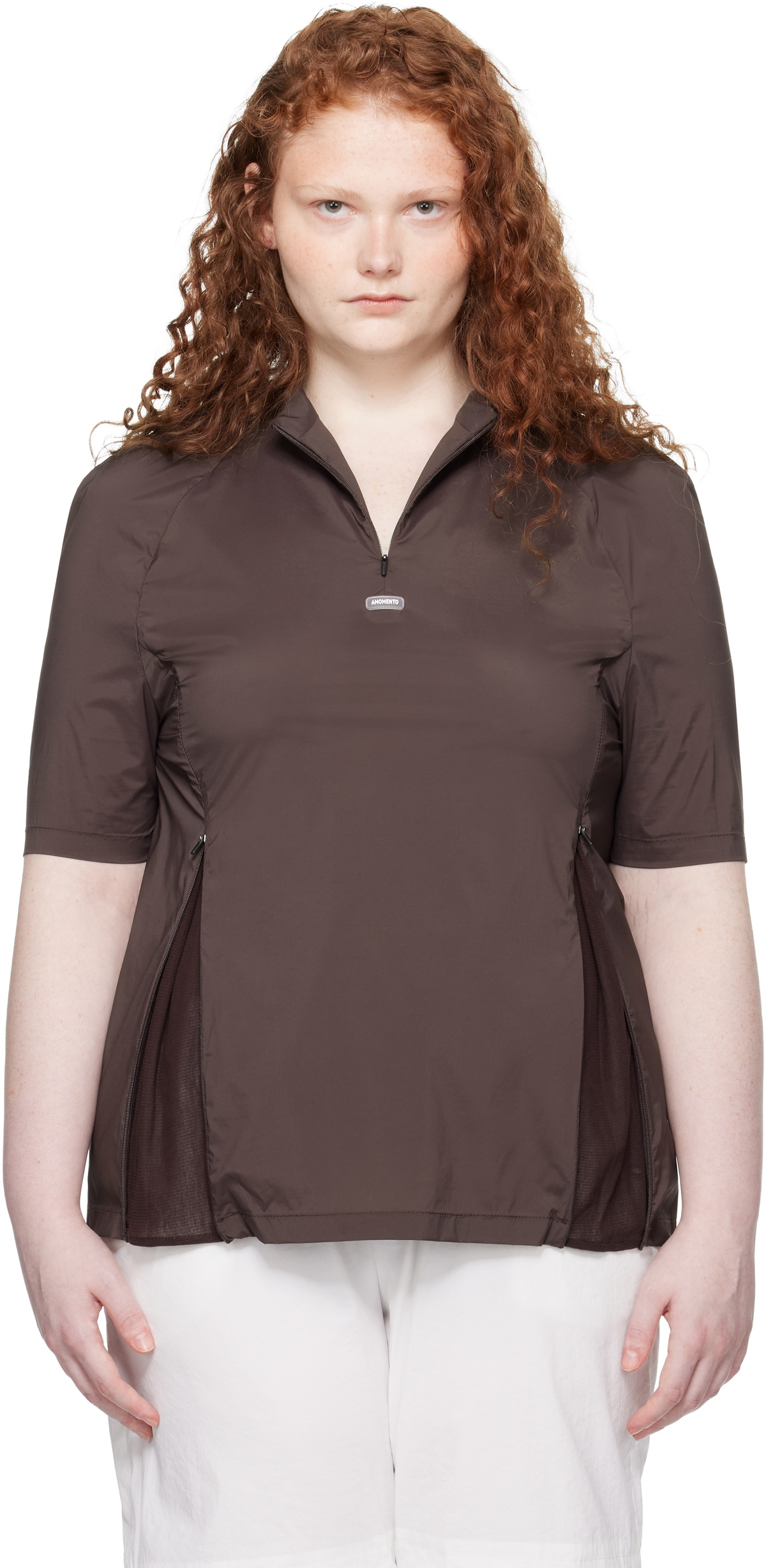 AMOMENTO Brown Mock Neck Half Zip T-shirt