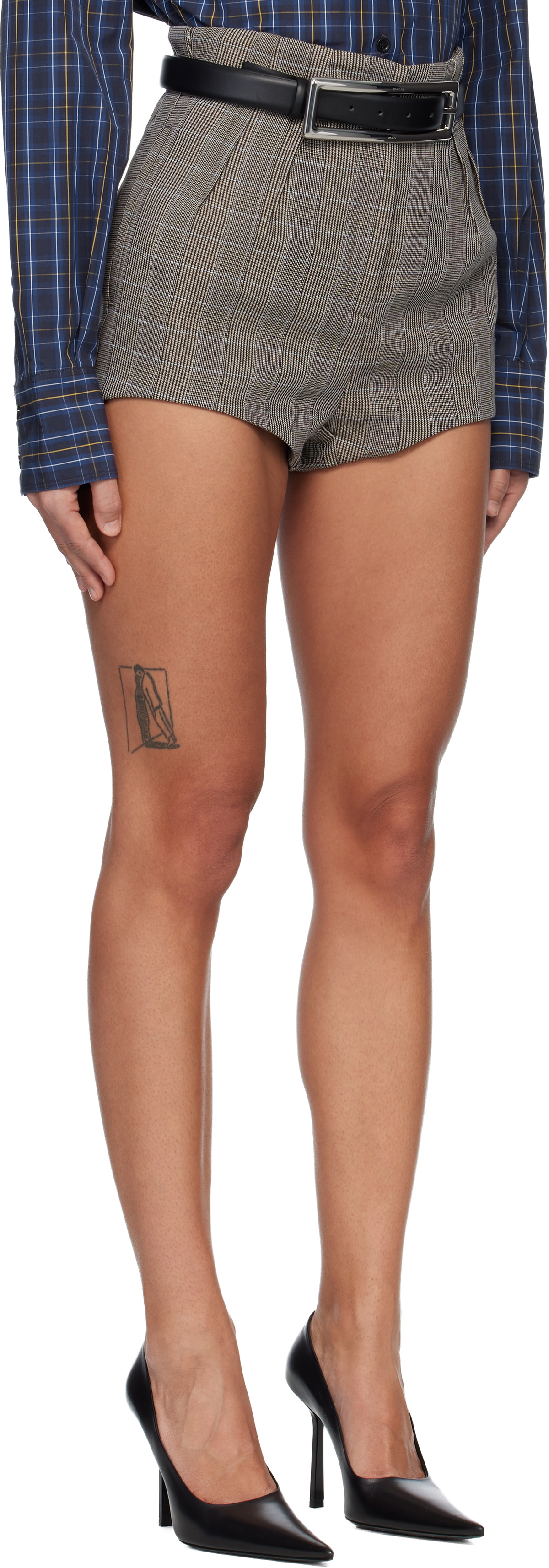 Mugler Gray Checked Pleated Tailored Shorts