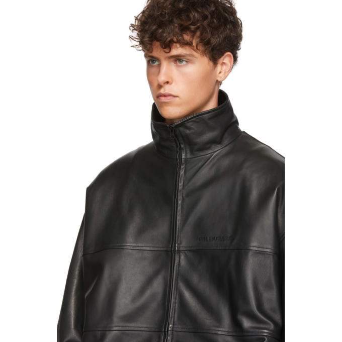 Balenciaga Black Leather Zip-Up Track Jacket Balenciaga
