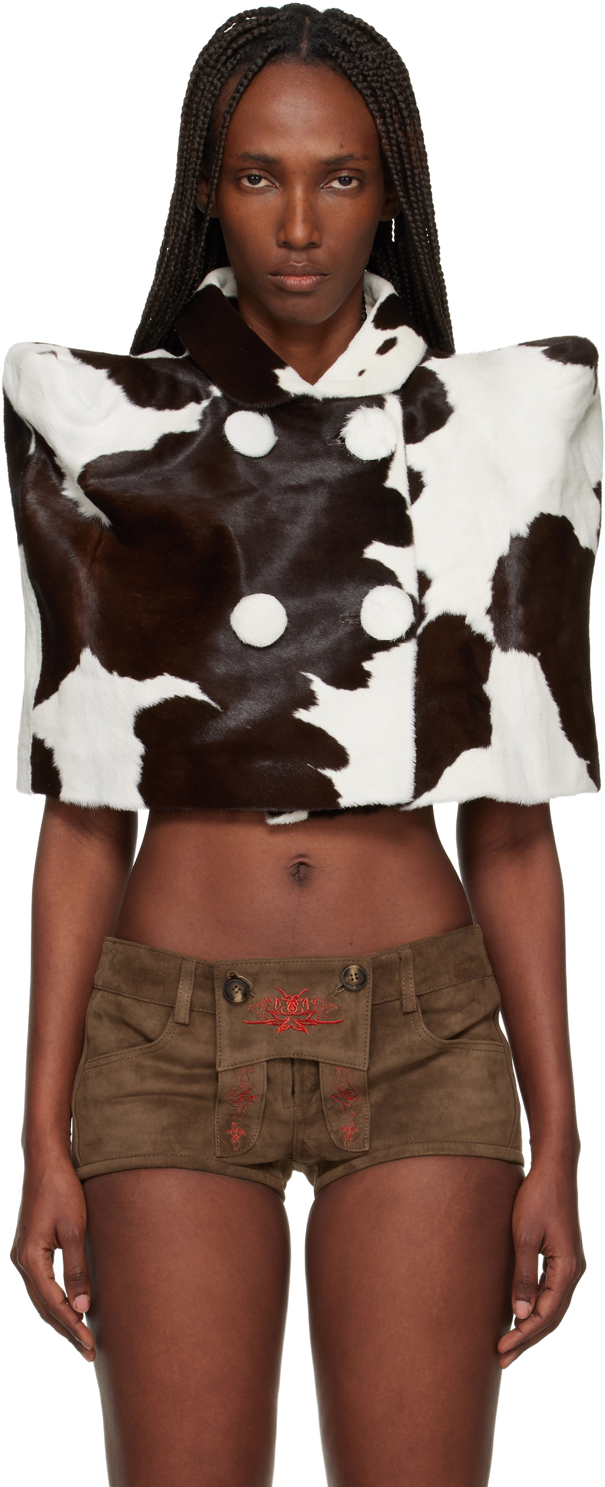 LAURA ANDRASCHKO White & Brown Cow Poncho Shearling Jacket