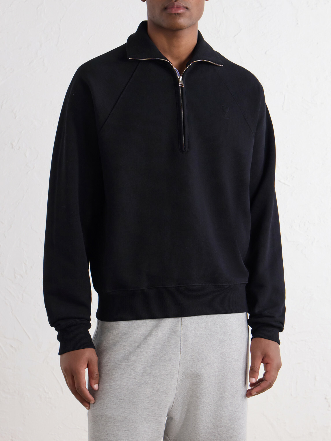 AMI PARIS - Logo-Embroidered Cotton-Jersey Half-Zip Sweatshirt - Black