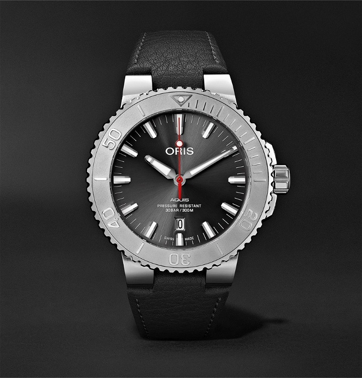 Photo: Oris - Aquis Date Relief Automatic 43.5mm Stainless Steel and Leather Watch - Black