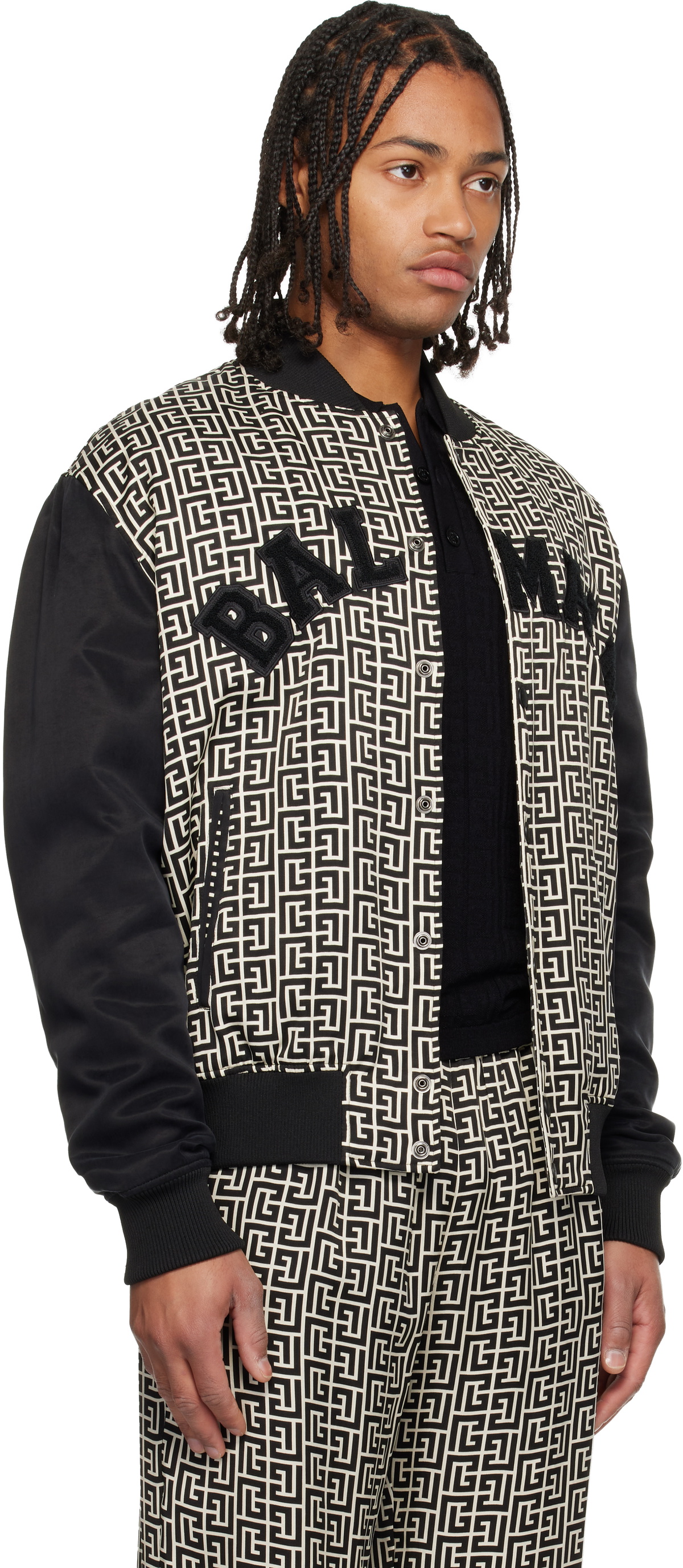 Balmain Black & Off-White Monogrammed Varsity Jacket