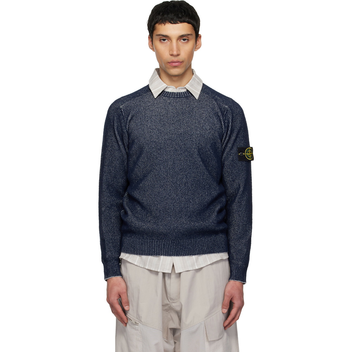 Stone Island Navy 5100033 Plated Rib Cotton Bouclé Sweater