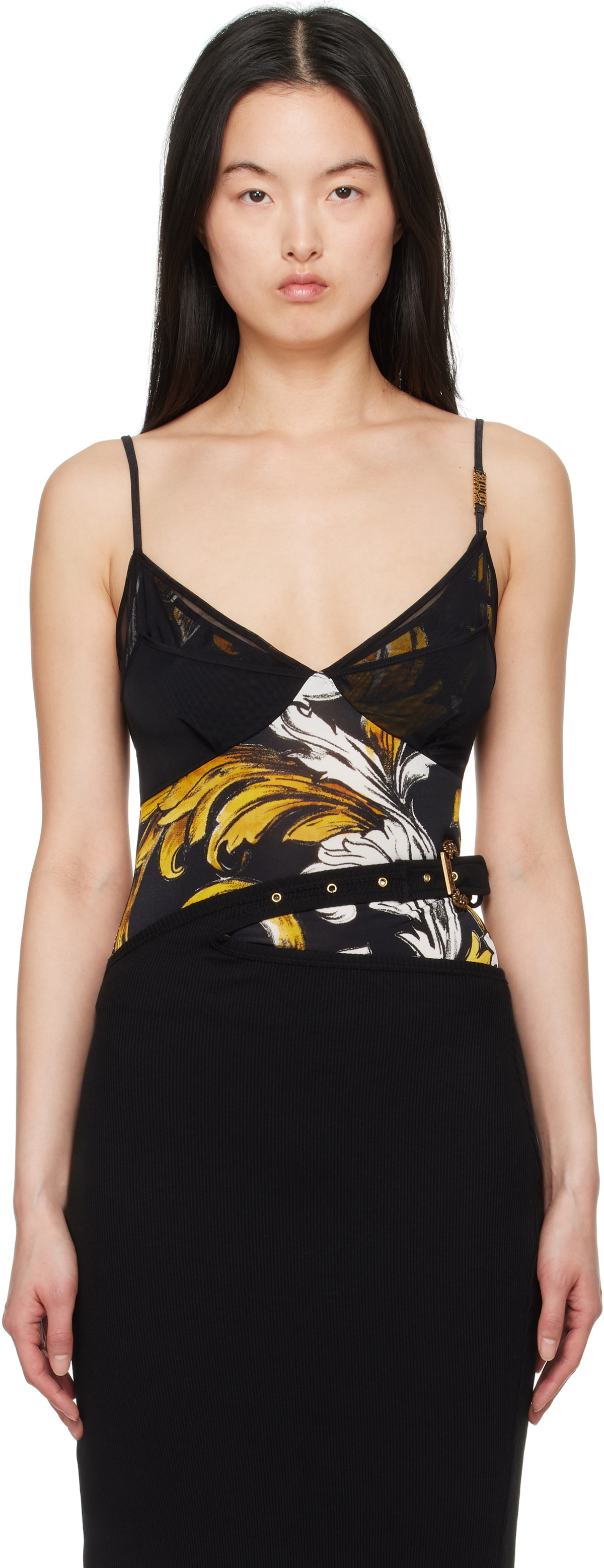 Versace Jeans Couture Black & Yellow Outline Barocco Mesh Tank Top