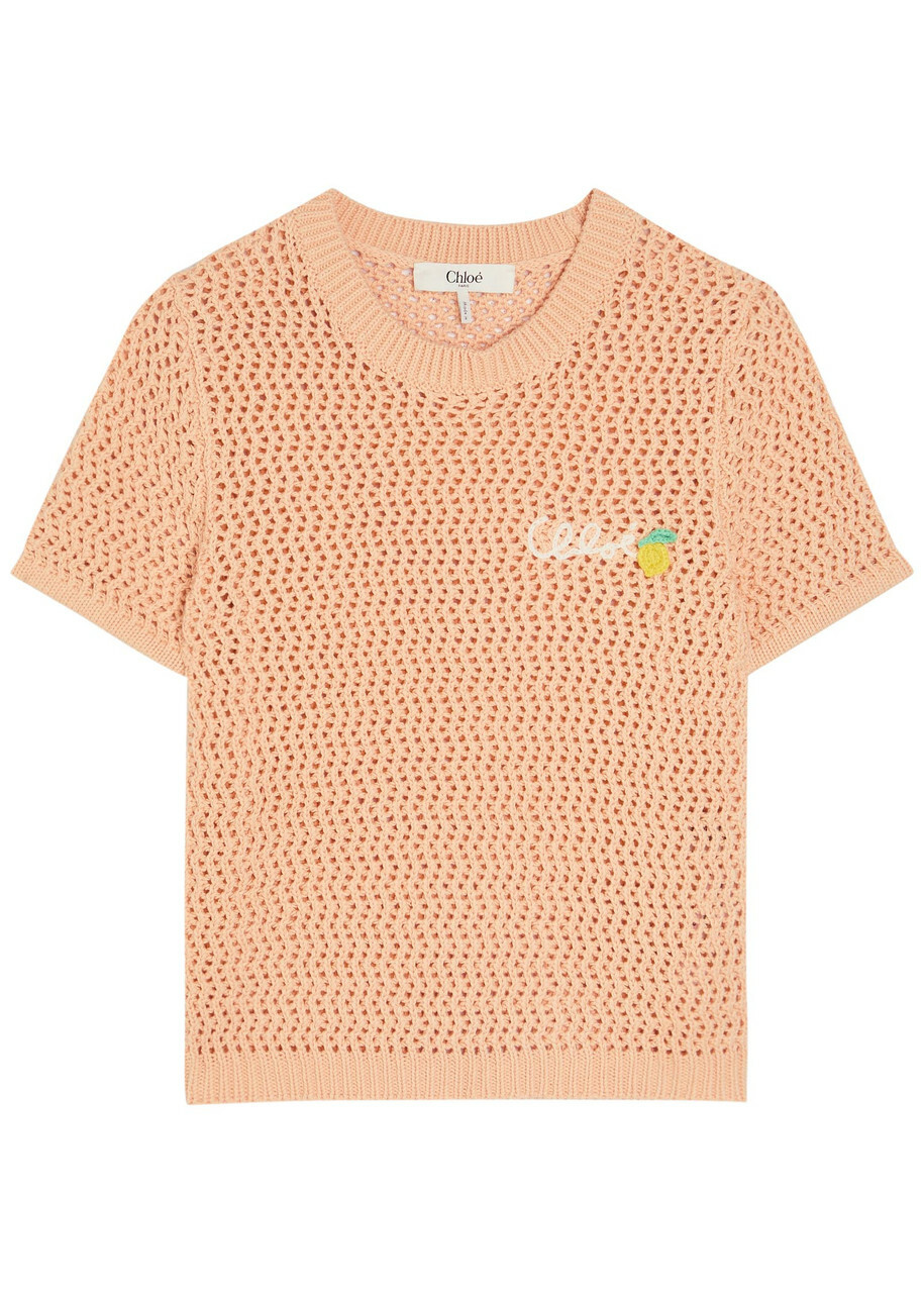 Chloe Logo-intarsia Open-knit Cotton T-shirt Orange Light