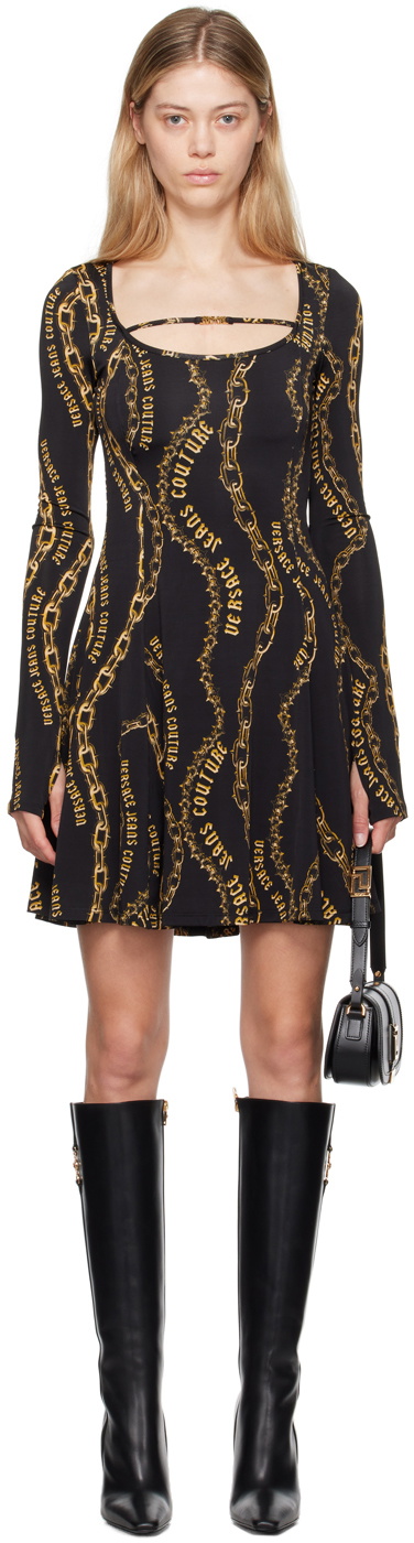 Versace Jeans Couture Black & Gold Chain Couture Flared Minidress Versace