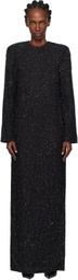 Pushbutton Black Metallic Thread Maxi Dress
