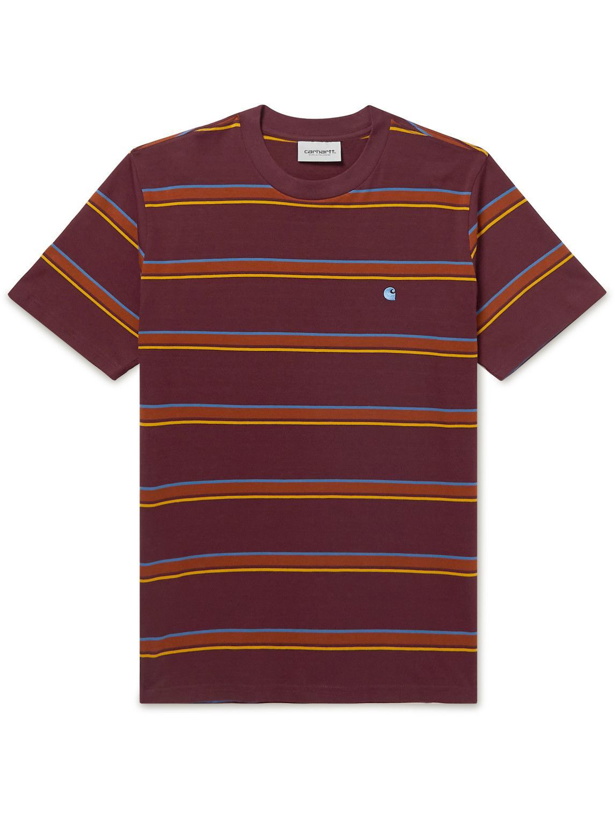 Photo: Carhartt WIP - Kent Logo-Embroidered Striped Cotton-Jersey T-Shirt - Burgundy