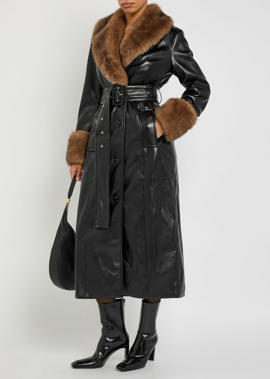 Stand Studio Estella Faux Fur-trimmed Faux Leather Coat Black