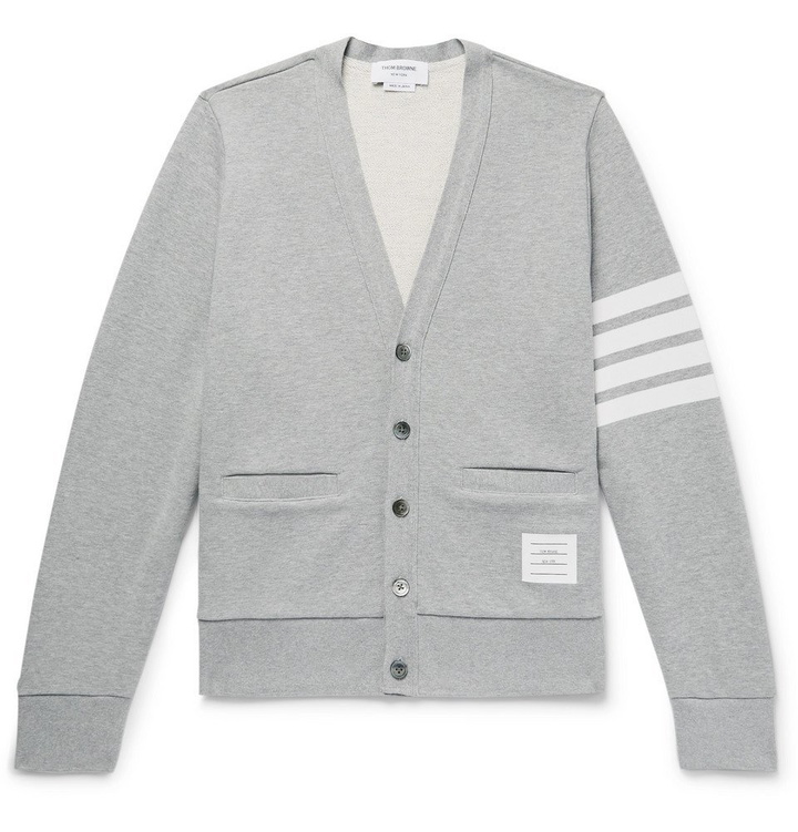 Photo: Thom Browne - Striped Loopback Cotton-Jersey Cardigan - Gray