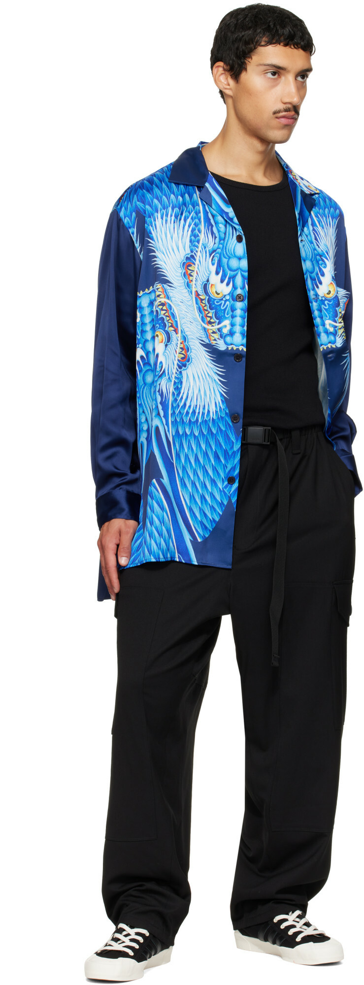 Y-3 Navy Satin Graphic 'Dragon' Shirt