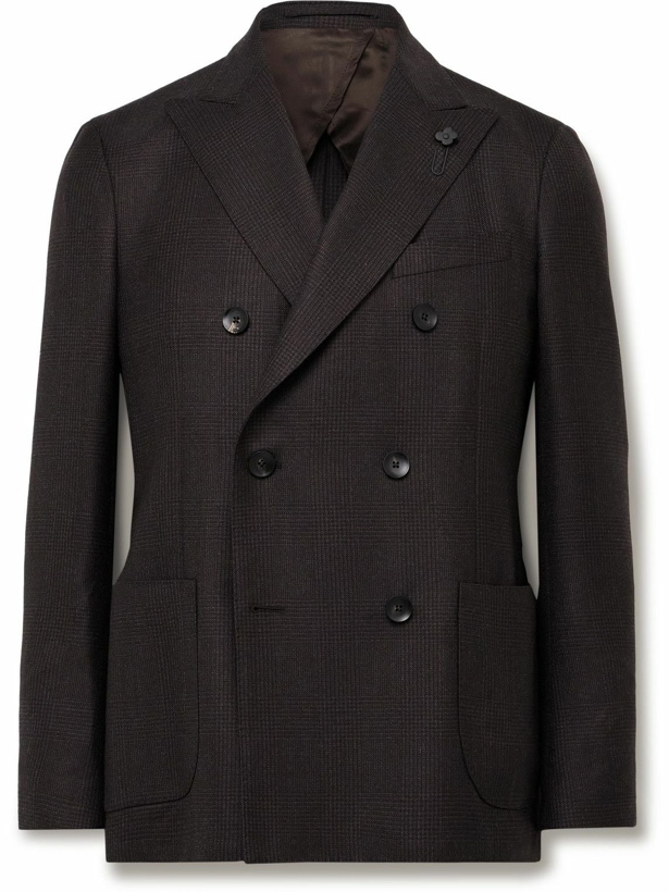 Photo: Lardini - Double-Breasted Prince of Wales Checked Virgin Wool Suit Jacket - Brown