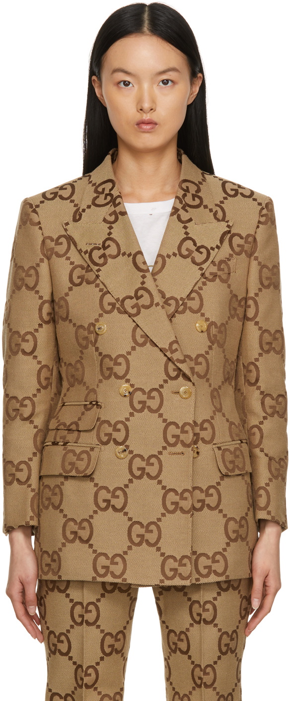 Gucci Brown 'GG' Canvas Double-Breasted Blazer Gucci