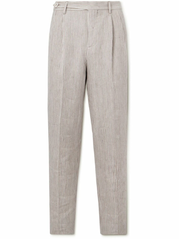 Photo: Brunello Cucinelli - Straight-Leg Pleated Striped Linen and Wool-Blend Trousers - Neutrals