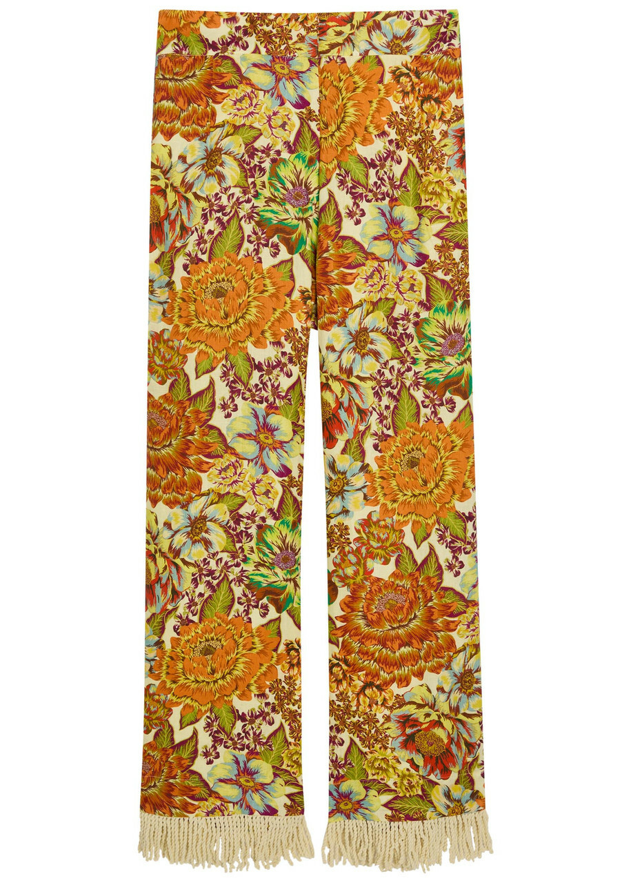 Alemais Lana Floral-print Fringed Linen Trousers Multicoloured