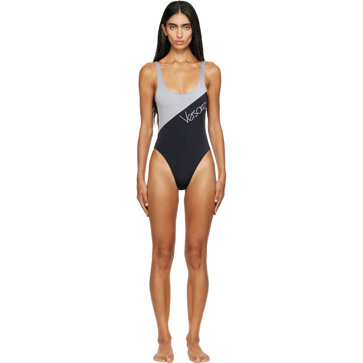 Versace Black & Gray Embroidered-Logo One-Piece Swimsuit