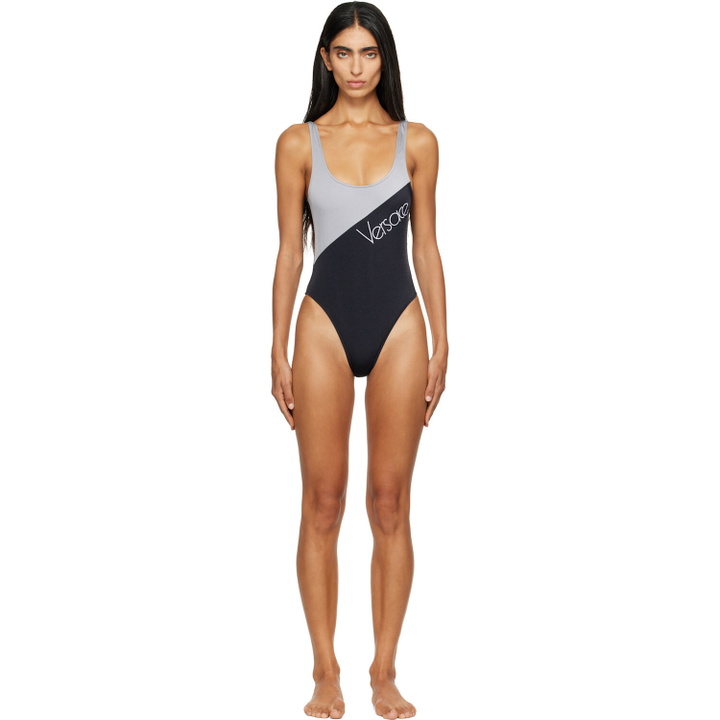 Photo: Versace Black & Gray Embroidered-Logo One-Piece Swimsuit