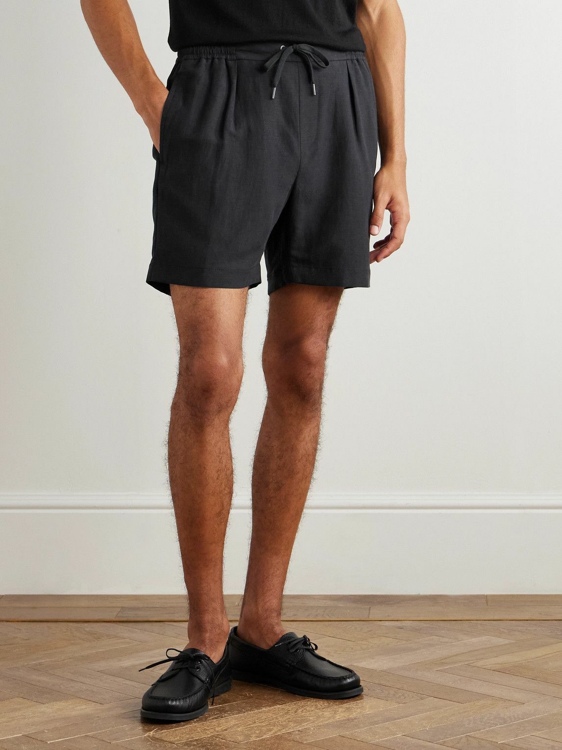 Ralph Lauren Purple label - Dorest Straight-Leg Pleated Silk and Linen-Blend Drawstring Shorts - Black