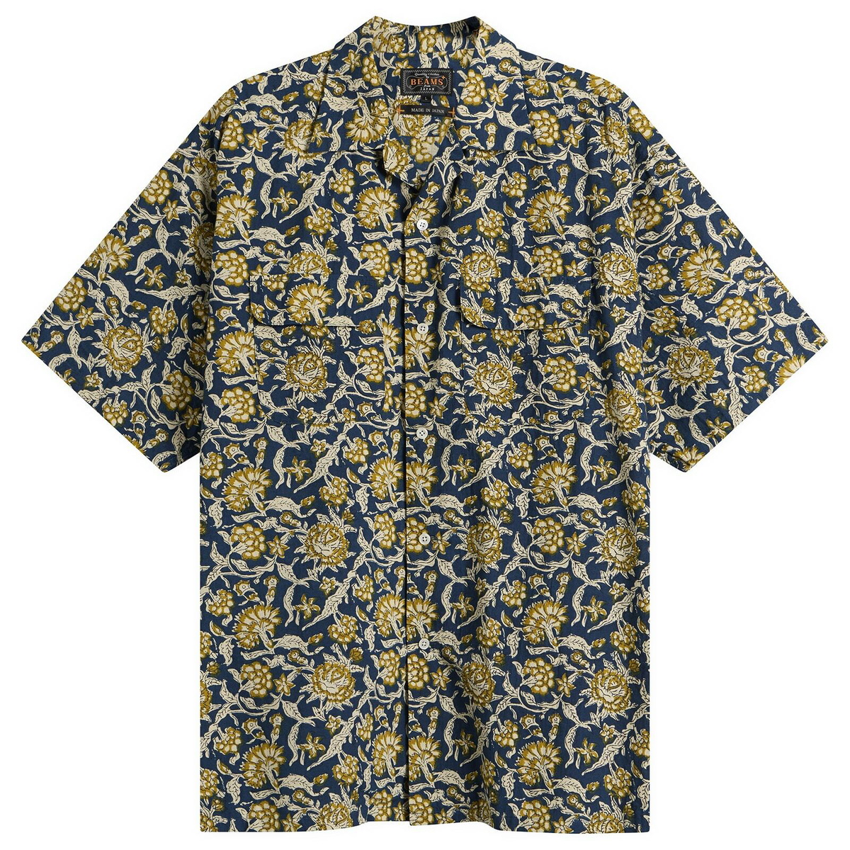 Beams Plus Men's Block Print Open collar Shirt in Blue